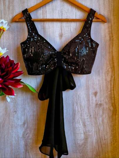 Trelyra 时尚优雅性感细肩带短款吊带上衣，露背亮片设计，适合派对和约会，适合春夏季女士