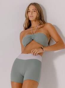 Aralina Leisurwear Ruched Bandeau Drawstring Crop Top And Color Block High Waist Biker Shorts Workout Two Pieces Set