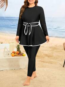 Swim Shayni Plus Size Women's 2 Pieces Solid Color Long Sleeve Zipper Dress And High Waist Long Pants Burkini Swimwear Set, Fashion For Summer Beach Vacation - Black - View 4