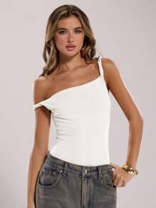 SHEIN BAE Body de mujer de ajuste ceñido con cuello asimétrico y twist, color negro sólido, para el verano / Body casual minimalista y de moda sin mangas