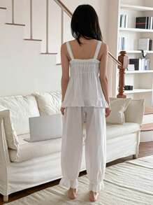 DAZY Sweet Ruffle Trim Camisole Top & Lantern Pants Pajama Set For Women - White - View 2