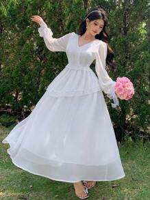 DAZY Vestido largo de manga larga elegante con cintura alta, de unicolor, con volantes en el bajo, de múltiples capas y costuras, de estilo dulce y elegante, para primavera/otoño - Blanco - Ver 9