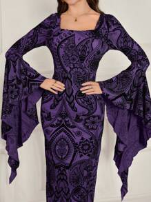 Modelyn Women's Long Sleeve Ruffle Cuff Elegant Flocked Midi Dress, Fitted, Autumn/Winter Fall Cloth For Women - Purple - View 1