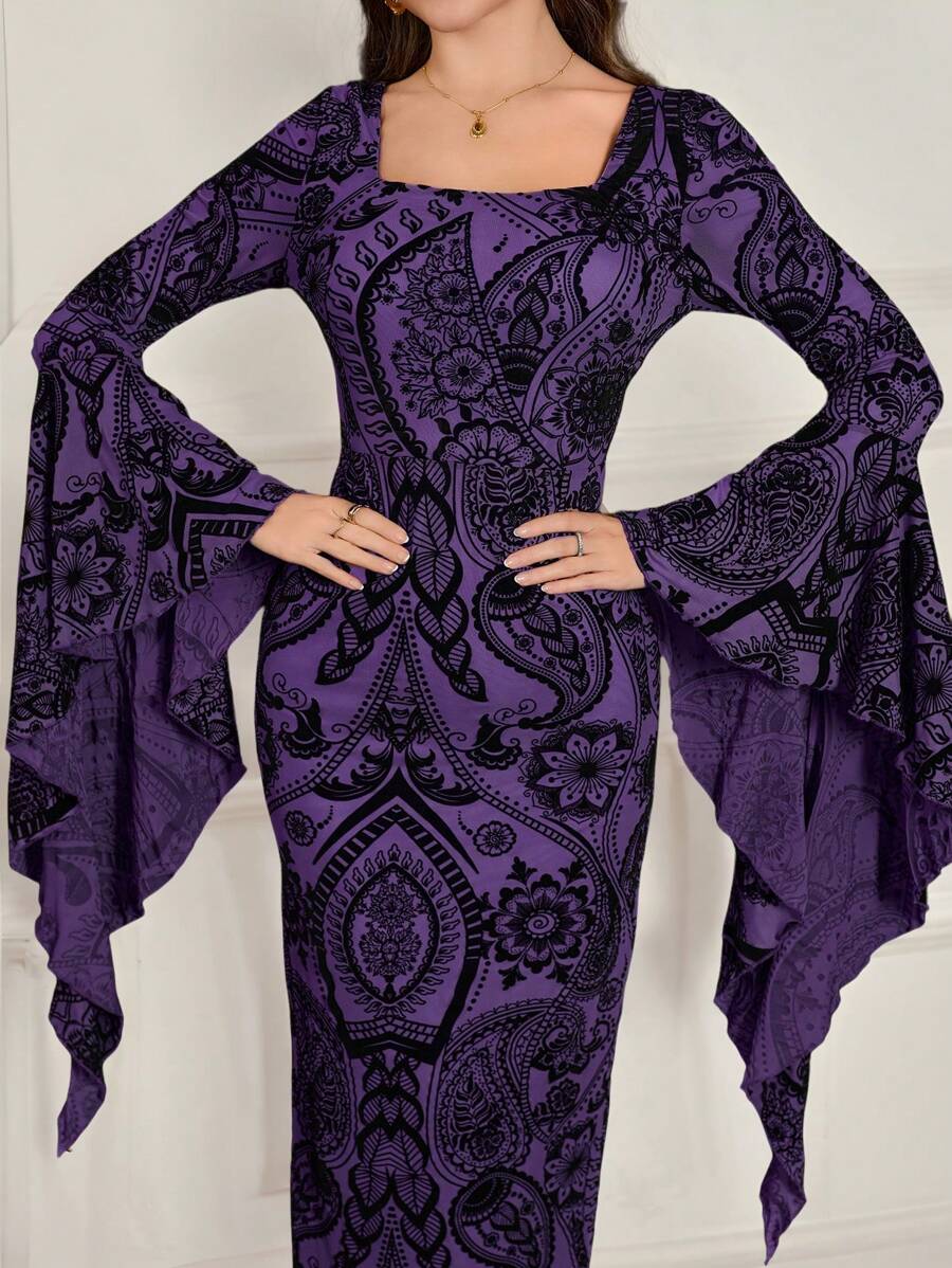 Modelyn Women's Long Sleeve Ruffle Cuff Elegant Flocked Midi Dress, Fitted, Autumn/Winter Fall Cloth For Women - Purple - View 1