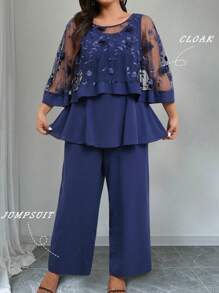 DreamSkyne Conjunto de 2 piezas de talla grande con cubierta bordada en 3D de malla + pantalones anchos de pierna ancha, elegante y casual