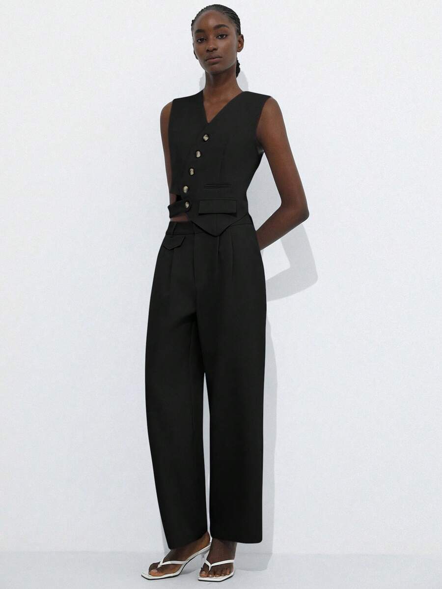 Aveloria Modichic Women's Solid Color Single-Breasted Vest And Pants Suit - Black - View 1