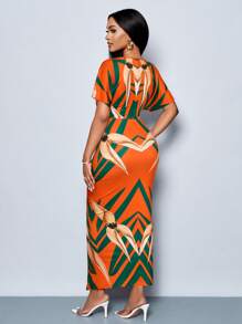 SOLERSUN Women's Elegant Printed V-Neck Split Thigh Bodycon Party Dress For Spring/Summer Holiday - Orange - View 2