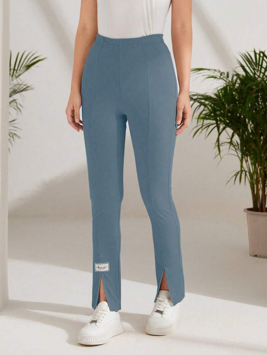 Mulvari Quần legging dài xẻ gấu màu trơn đơn giản đa năng - Màu xanh lam - Xem 1