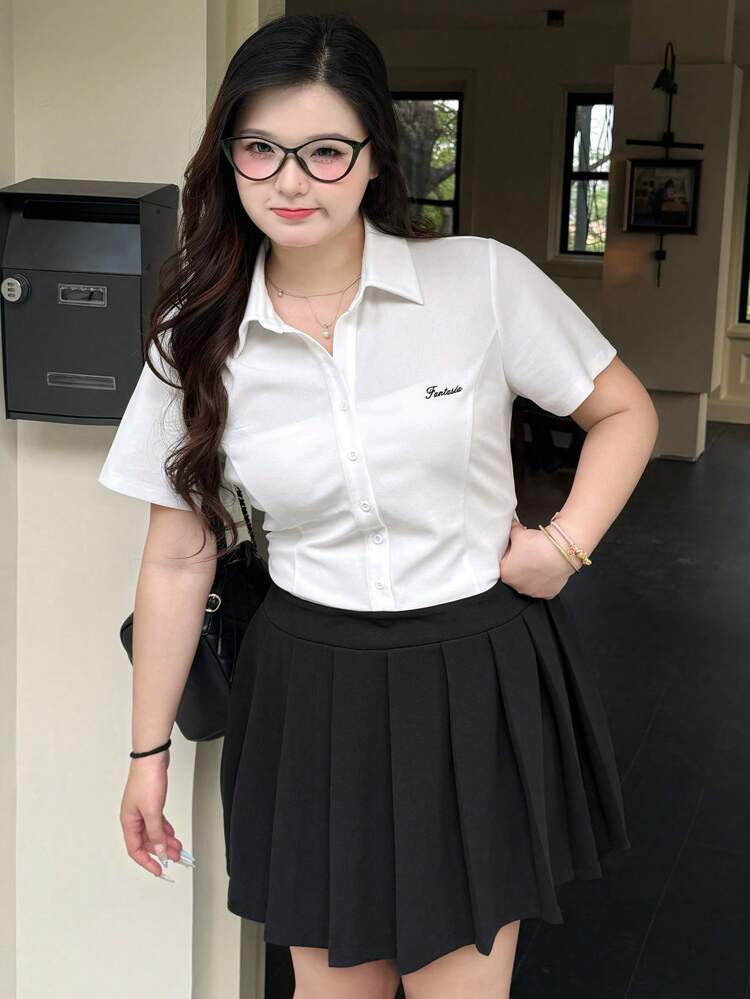 Dazy Plus Plus Size Polo Collar Embroidered Letter Contrast Patchwork Pleated Mini Dress Milkmaid Dress Sundress Shirt Dress,Casual Women Dresses