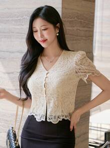 DAZY 纹理面料 V 领优雅泡泡袖女式夏季上衣 - 米色 - 查看 4