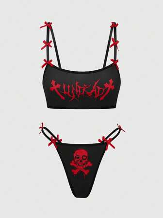 Goth Gothic Romantic Valentine's Day Skeleton Gothic Font Camisole Thong Lingerie Set With Bow