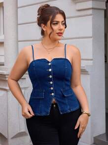 SHEIN Essnce Blusa de mezclilla con botones frontales y tirantes para tallas grandes, de estilo casual de verano