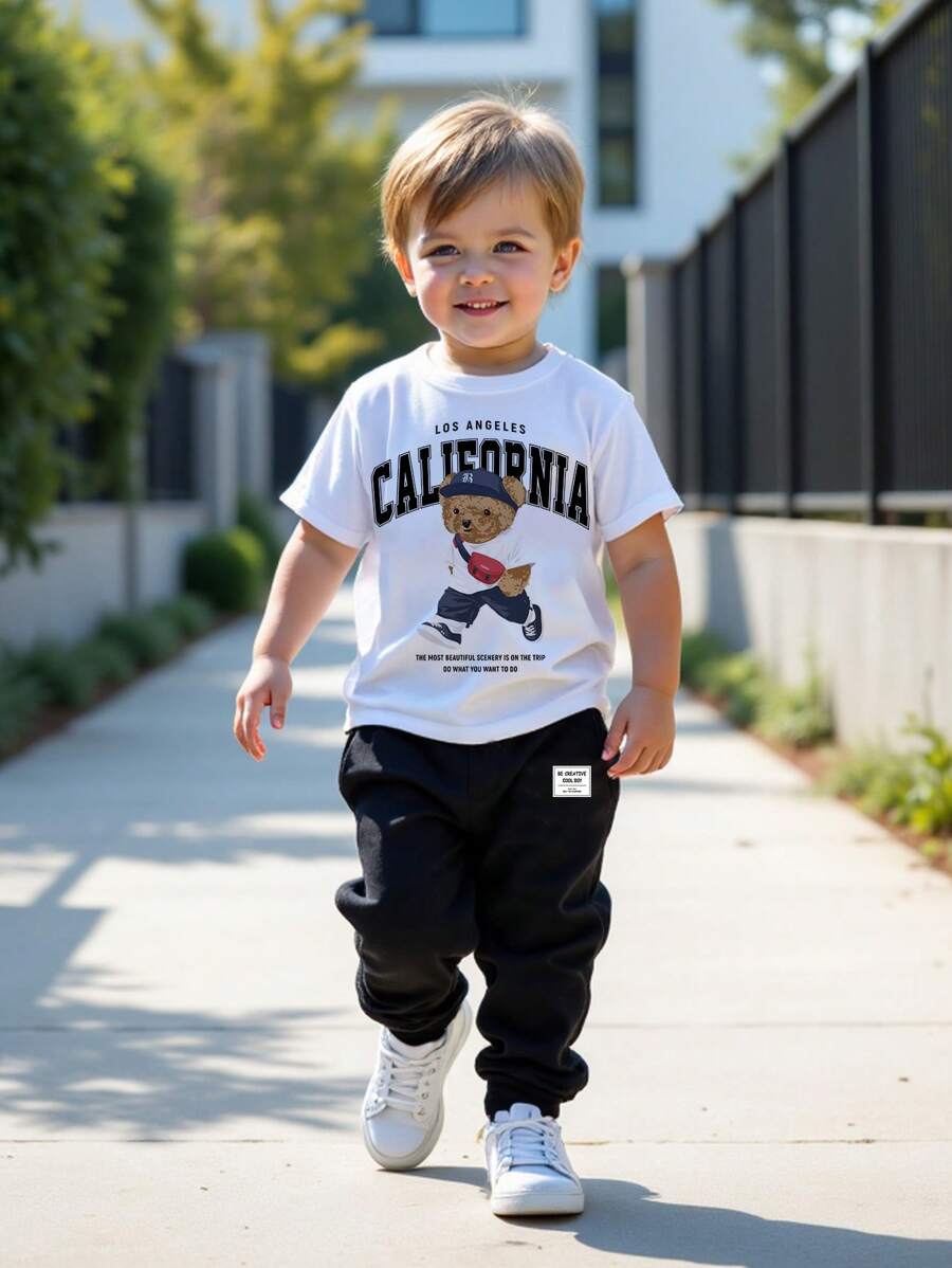 SHEIN 2pcs/Set Young Boy Casual Minimalist Cartoon Bear Pattern Round Neck Short Sleeve Top And Long Pants Set - Multicolor - View 1