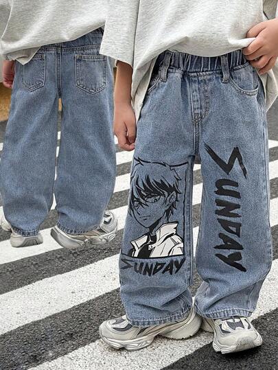 SHEIN 年轻男孩秋冬复古都市街头酷炫风格休闲破洞漫画图案宽松蓝色牛仔裤，适合返校服装和街头服饰