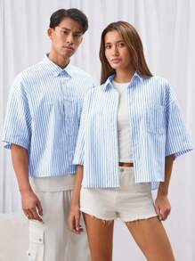 Manfinity VCAY Unisex Casual Loose Fit Vertical Striped Short Sleeve Collared Shirt - Baby Blue - View 6