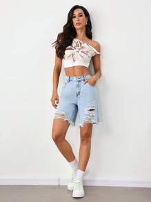 SHEIN Tall 女士牛仔短裤休闲修身破洞短裤，蓝色女士短裤短款牛仔裤牛仔短裤破洞百慕大宽松破洞牛仔裤夏装百慕大 - 淺色水洗藍 - 查看 5