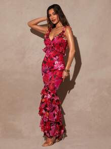 Silquee Women's Elegant Floral Print Ruffle Hem Backless Dress - Multicolor - View 3