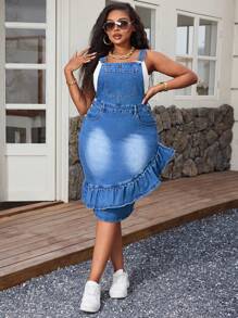 大码女式口袋拼布荷叶边下摆休闲牛仔连身裙