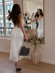 Pariaura Casual Elegant Elegant Solid Color Spaghetti Strap Waist Ruffle Backless Midi Dress For Women