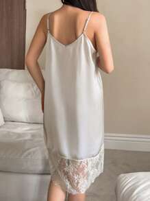 DAZY Camisón de pijama elegante de unicolor con parches de encaje - Gris - Ver 2