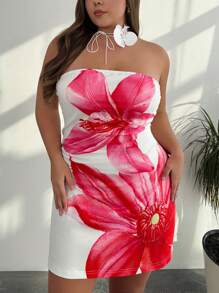 Firerie Vestido corto de talla grande con estampado floral posicionado, elegante y sexy para vacaciones en la playa. Vestido con estampado floral apto para festivales de música y ocasiones formales. Vestido con estampado floral rosa, vestido de oficina con estampado floral
