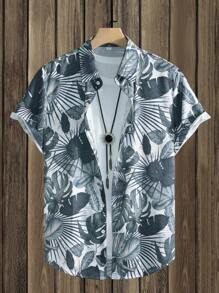 Manfinity RSRT Men's Vacation Tropical Plant Print Short Sleeve Single-Breasted Shirt Men Beach Shirts