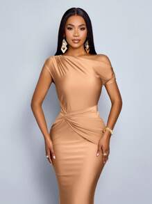 SOLERSUN Women's Fashion Solid Color Elegant Asymmetric Neckline Ruched Side Bodycon Dress, Suitable For Party Vacation & Dating - Mocha Brown - View 6