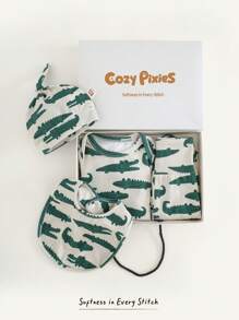 Cozy Pixies Baby Mädchen 5-teiliges Set: Cartoon Krokodil Muster gestrickter weicher Rundhals Langarm-Pullover, elastische Taillenhose, Hut, Handschuhe, Lätzchen