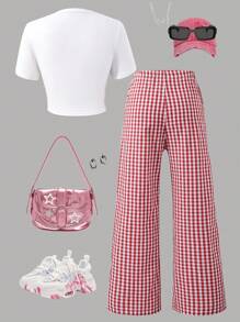 SHEIN Sparklyn 2pcs/Set Y2K Style Streetwear Cherry Graphic Crop T-Shirt + Plaid Wide Leg Pants Co-Ord Set, Teenage/Teen Fashion - White - View 3