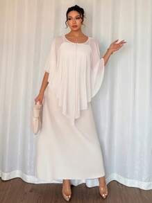 Chiquease Elegant Chiffon Ruffle Overlay & Spaghetti Strap Midi Dress Set, Spring/Summer - White - View 5