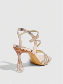 CUCCOO SZL Women's Champagne Square Toe Rhinestone Chain Strap Transparent Block Heel Sandals, Suitable For Dresses - Champagne - View 10