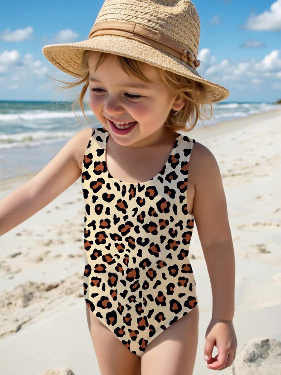 SHEIN Leap Crew Baby Girls Leopard Print Casual Skinny Fit One-Piece Swimsuit, Suitable For Summer - Khaki - View 1