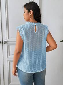 SHEIN Frenchy Plus Size Summer Casual Solid Color Lace Patchwork Sleeveless Shirt - Baby Blue - View 2