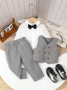 Souflis Souflis Set de 3 piezas de traje de caballero para niño - Chaleco de doble botonadura + Pantalones casuales + Pajarita negra, excluyendo la camisa, de moda, elegante y con estilo, tela cómoda, adecuado para primavera/otoño, perfecto para uso diario, fiestas, bodas, bautizos, actuaciones y eventos