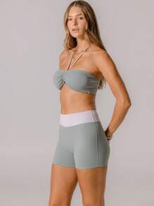 Aralina Leisurwear Ruched Bandeau Drawstring Crop Top And Color Block High Waist Biker Shorts Workout Two Pieces Set