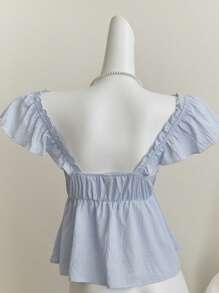 Elamini Blue Cute Girl Ruffle Trim Sexy Backless Low Neck Short Camisole Top