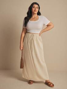 Elaquor Plus Size Fall Women Clothes,Women Solid Color Simple Drawstring Waist Skirt - Khaki - View 3