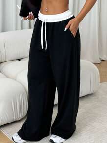 Dewbera Pantalon de sport évasé ample à taille haute de yoga, blocs de couleurs - Noir - Voir 2