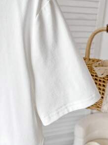 SHEIN Leap Crew Tween Girl Casual Comfortable Round Neck Short Sleeve Top - White - View 6