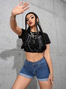 SHEIN PETITE Short vaquero casual, ajustado y versátil con bolsillos y puños para mujer