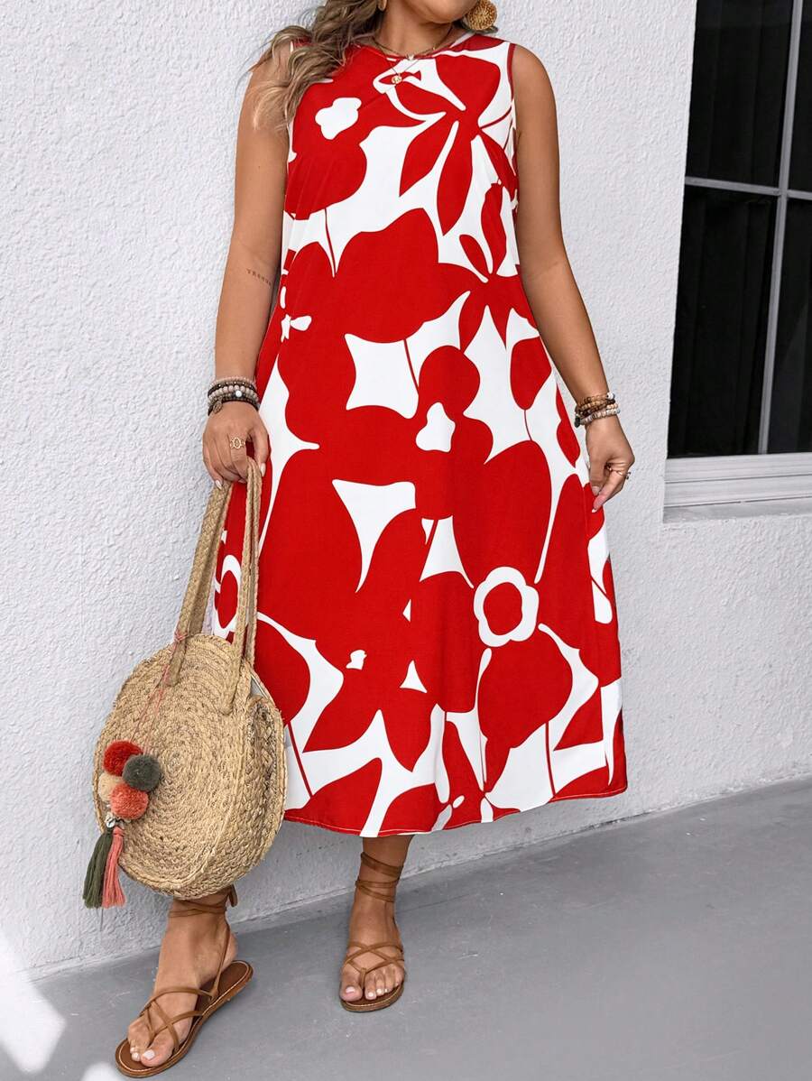 EMERY ROSE 大码花卉印花圆领休闲无袖夏季连衣裙