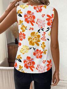 SHEIN Clasi Women's Fitted V-Neck Sleeveless Orange Floral Print Casual Shirt, Summer Summer Outfits For Women Vacation Shirt Summer Outfits For Women - Multicolor - View 2