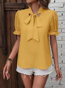 SHEIN Clasi Blusa de unicolor de manga corta para mujer, de moda para el verano - Amarillo - Ver 7