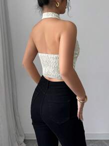 Elenzga Áo hở vai thiết kế nút hoa jacquard dành cho nữ - trắng - Xem 2