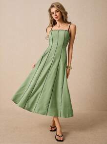 Poéselle Women's Mint Green Casual Maxi Dress: Sleeveless Spaghetti Strap Woven Fabric Flared Hem Long Dress With Contrast Stitch Detail - Mint Green - View 5