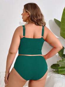Swim Lushoire 2pcs Plus Size Women Solid Color Casual Vacation Spaghetti Strap Camisole Bikini For Summer - Green - View 2