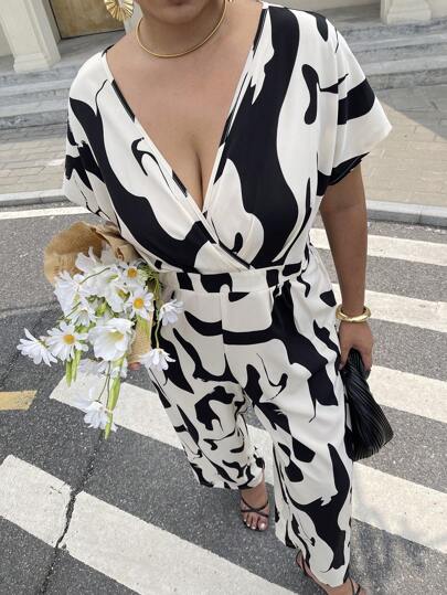 Flirla Plus Size Women's Viscose Allover Print Batwing Sleeve V-Neck Cinched Waist Wide Leg Casual Vacation Elegant Jumpsuit