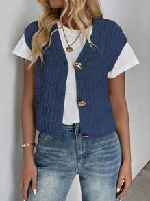 EMERY ROSE 新款 V 领罗纹针织开衫背心，时尚优雅精致女装 - 藏蓝色 - 查看 5