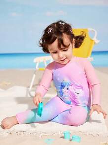 SHEIN 2025新款/女婴可爱美人鱼独角兽图案连体泳衣，适合游泳池、沙滩派对、节日礼物，女婴泳装，女婴沙滩装，女婴游泳服，女婴沙滩装