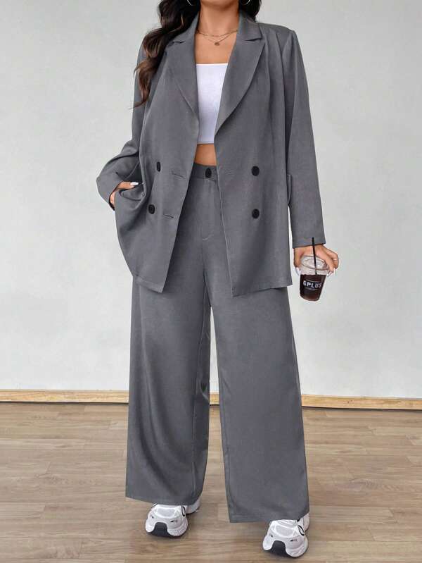 Flirla Plus Size Women Solid Color Long Sleeve Button Blazer And Pants 2 Pieces Set Graduation,Back To School,Teacher Outfits For Women